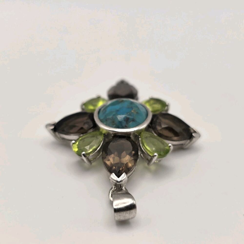 ATI Thailand Sterling Silver Turquoise Peridot Quartz Flower Pendant - Picture 5 of 11
